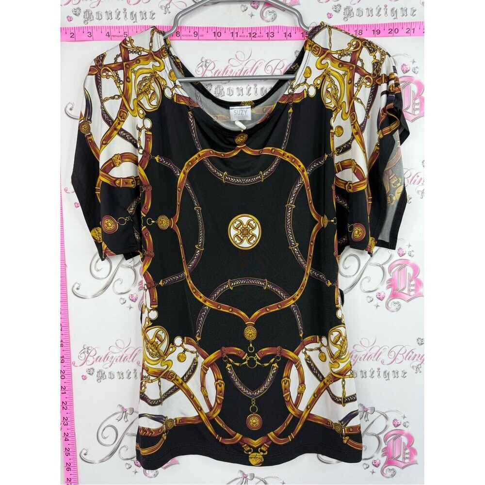 Suzy Shier blouse Black, White & Gold Chain-Print Short Sleeve Top